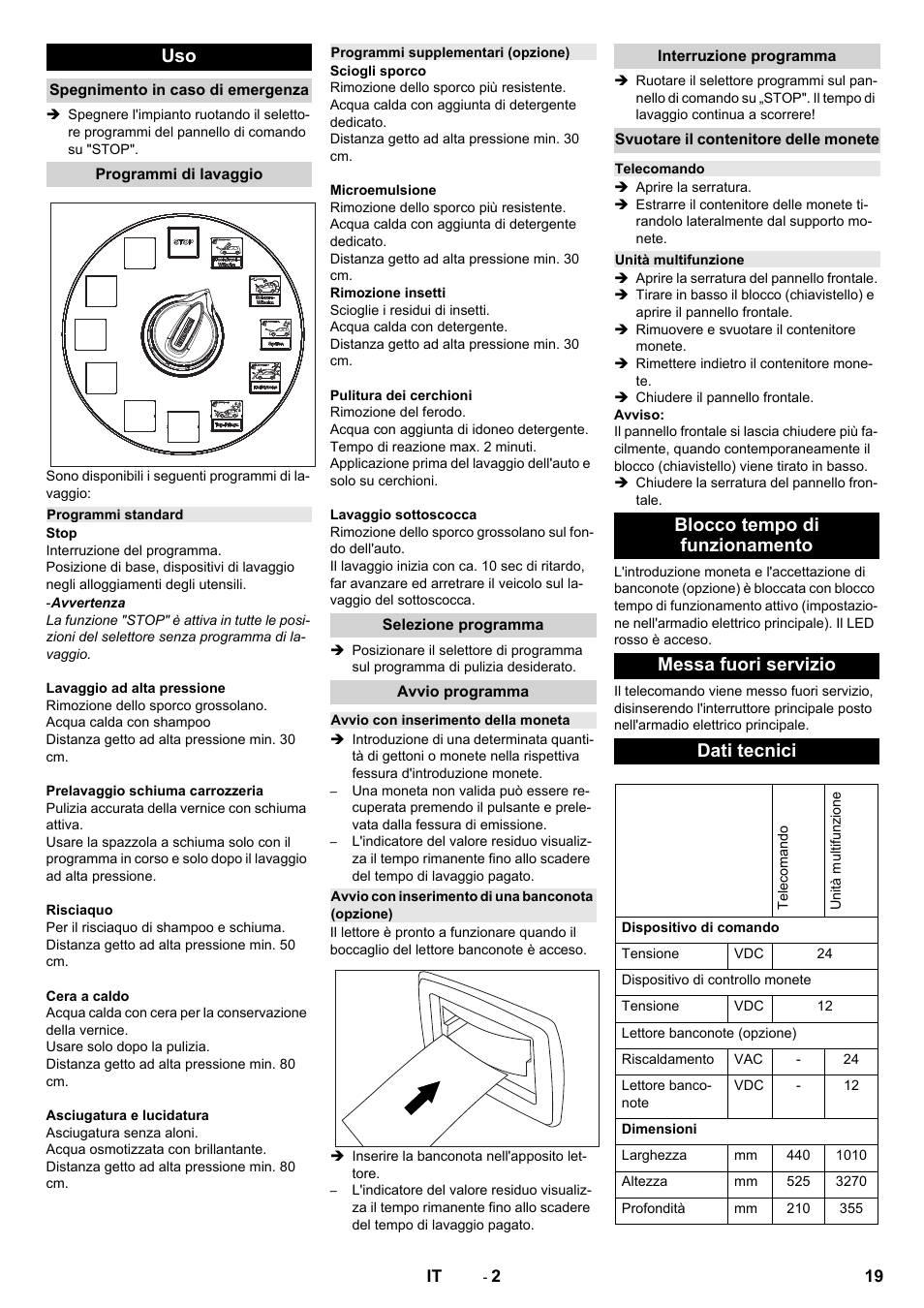 Spegnimento in caso di emergenza, Programmi di lavaggio, Programmi standard | Programmi supplementari (opzione), Selezione programma, Avvio programma, Avvio con inserimento della moneta, Avvio con inserimento di una banconota (opzione), Interruzione programma, Svuotare il contenitore delle monete | Karcher Armoire de lavage SB MB 5-10 User Manual | Page 19 / 76