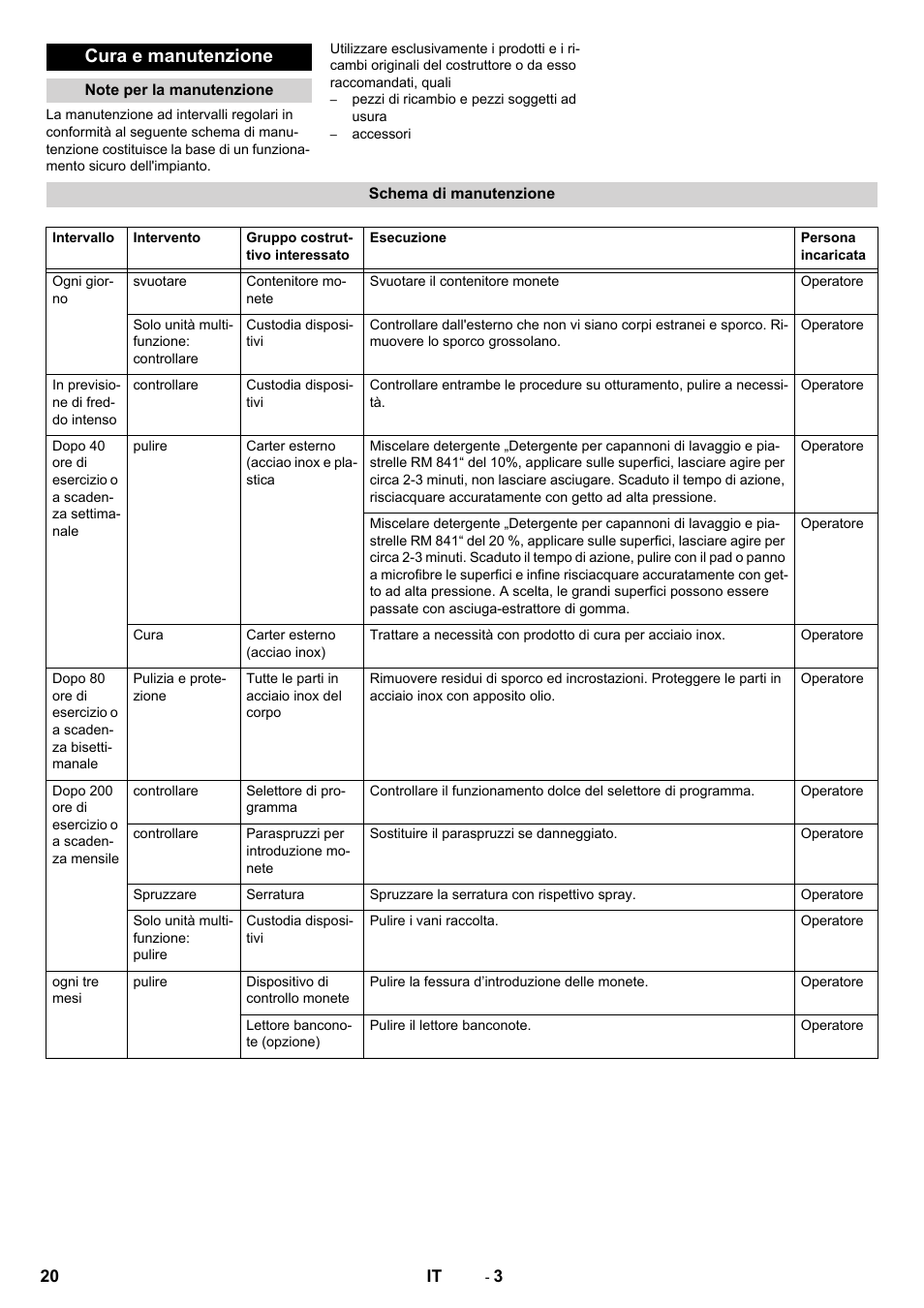 Cura e manutenzione, Note per la manutenzione, Schema di manutenzione | Karcher Armoire de lavage SB MB 5-10 User Manual | Page 20 / 76