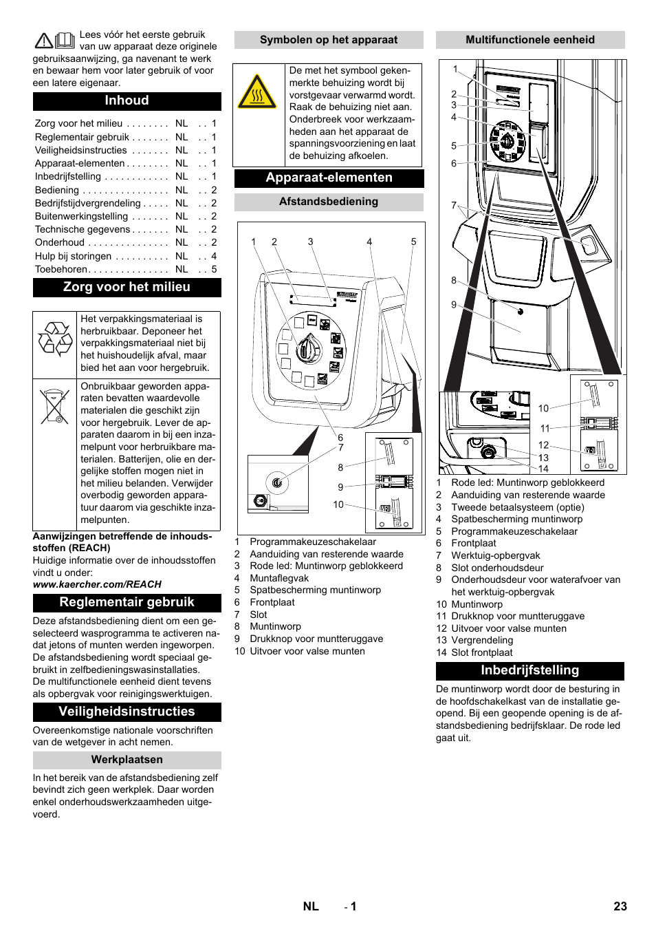 Nederlands, Inhoud, Zorg voor het milieu | Reglementair gebruik, Veiligheidsinstructies, Werkplaatsen, Symbolen op het apparaat, Apparaat-elementen, Afstandsbediening, Multifunctionele eenheid | Karcher Armoire de lavage SB MB 5-10 User Manual | Page 23 / 76