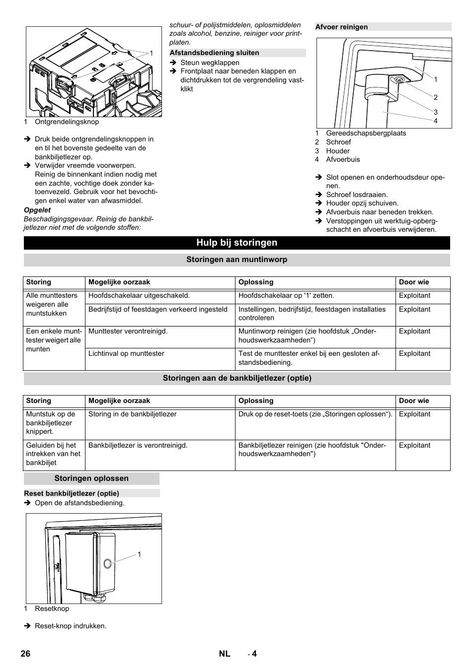 Afstandsbediening sluiten, Afvoer reinigen, Hulp bij storingen | Storingen aan muntinworp, Storingen aan de bankbiljetlezer (optie), Storingen oplossen, Reset bankbiljetlezer (optie) | Karcher Armoire de lavage SB MB 5-10 User Manual | Page 26 / 76