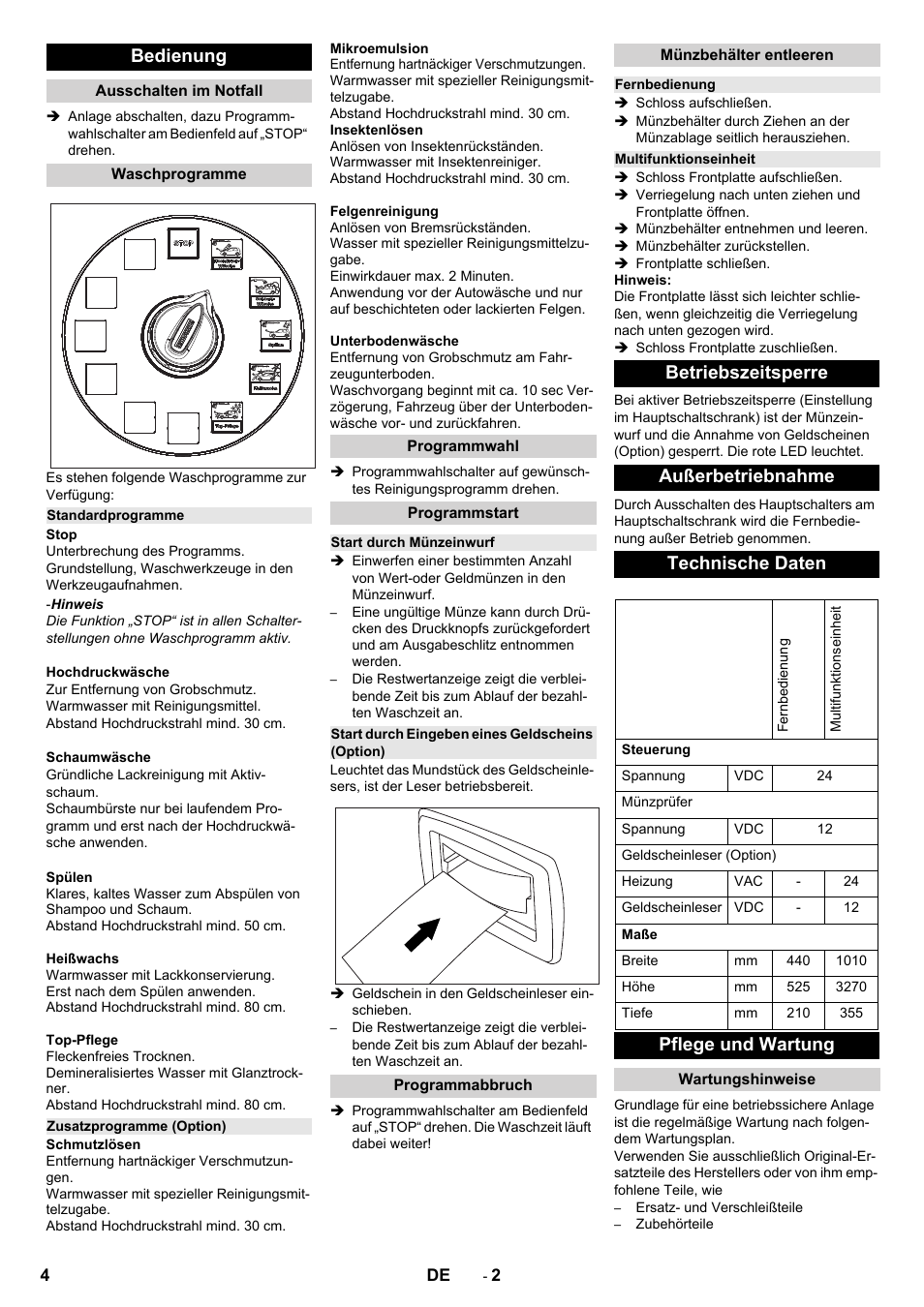 Bedienung, Ausschalten im notfall, Waschprogramme | Standardprogramme, Zusatzprogramme (option), Programmwahl, Programmstart, Start durch münzeinwurf, Start durch eingeben eines geldscheins (option), Programmabbruch | Karcher Armoire de lavage SB MB 5-10 User Manual | Page 4 / 76