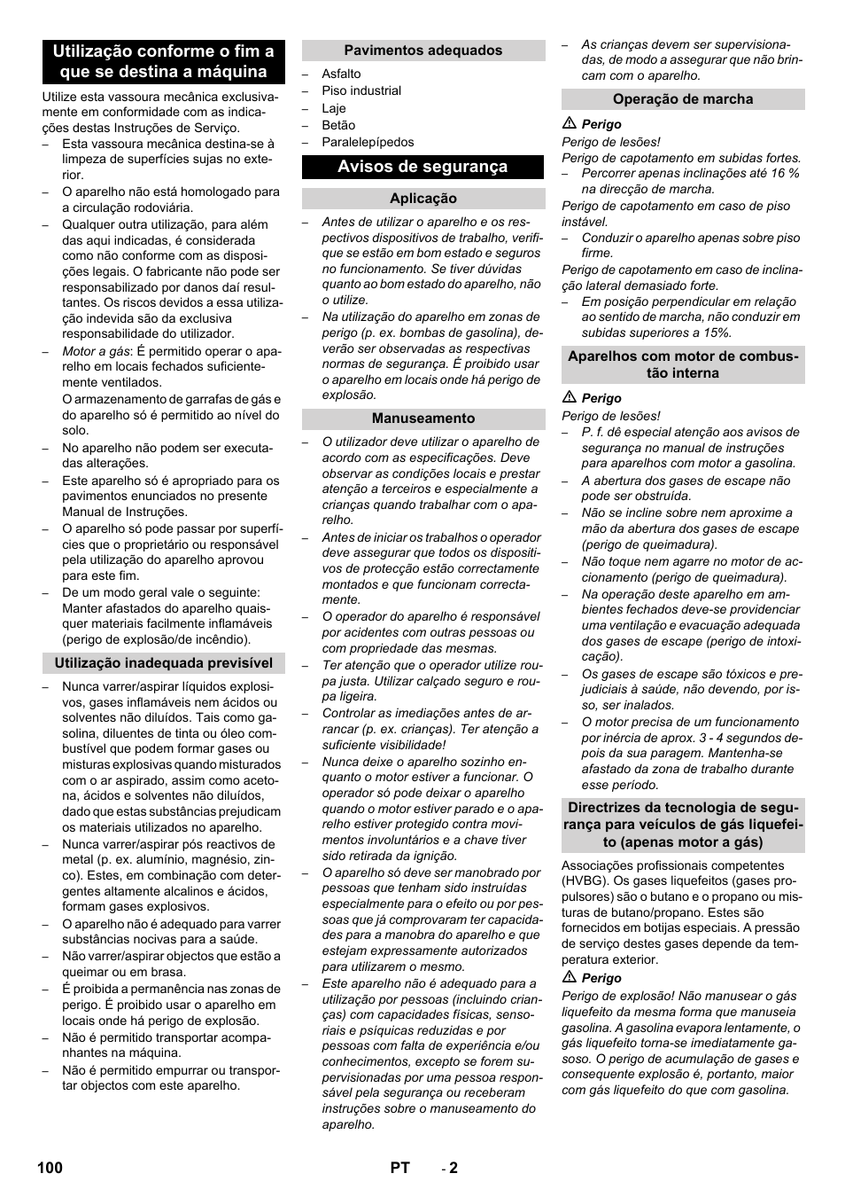 Avisos de segurança | Karcher Balayeuse KM 90-60 R Lpg Adv User Manual | Page 100 / 432