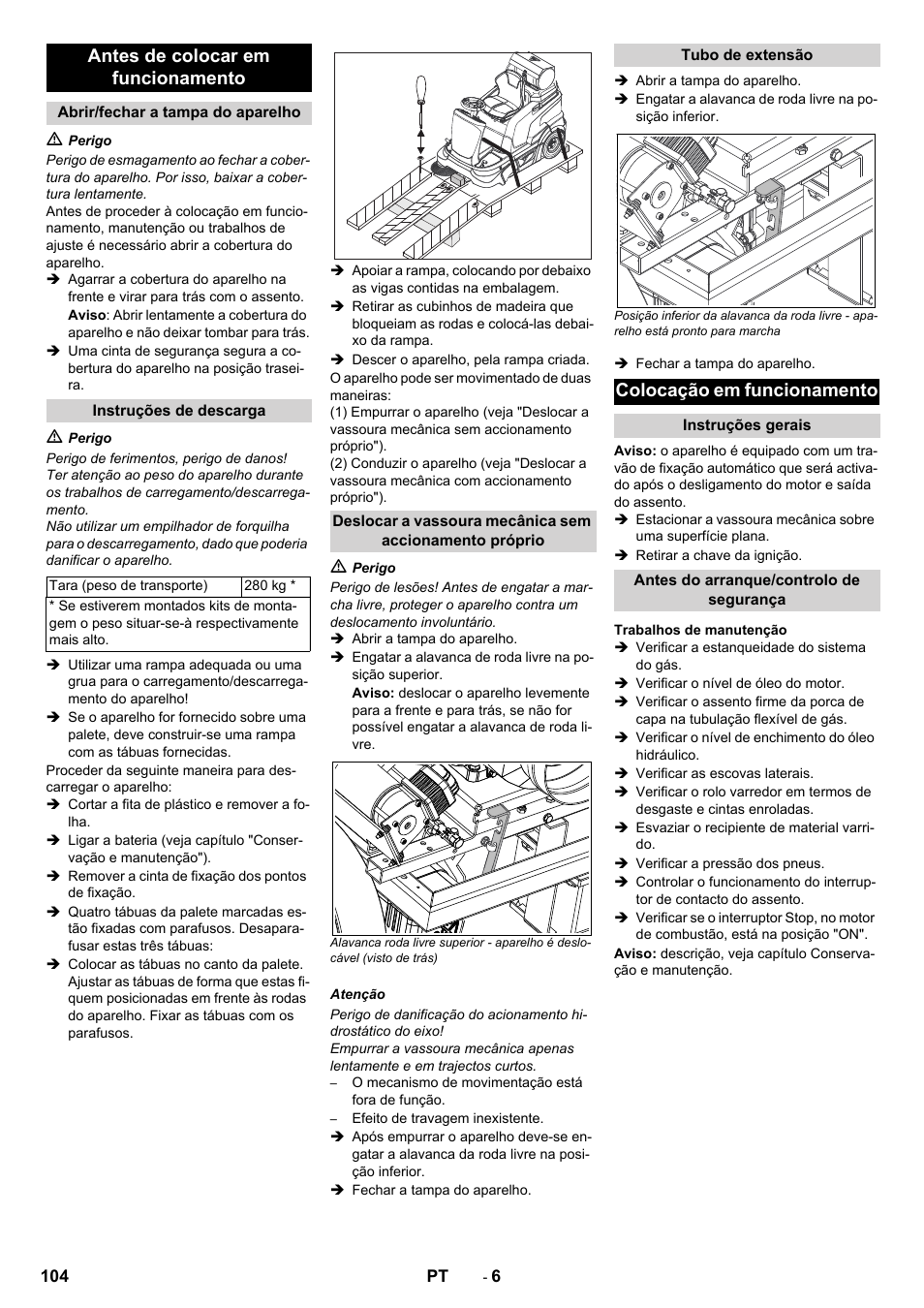 Antes de colocar em funcionamento, Colocação em funcionamento | Karcher Balayeuse KM 90-60 R Lpg Adv User Manual | Page 104 / 432