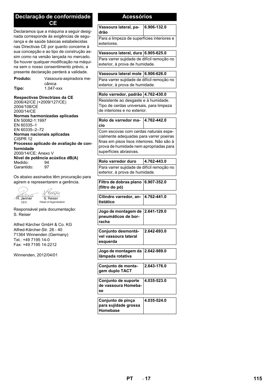 Declaração de conformidade ce, Acessórios | Karcher Balayeuse KM 90-60 R Lpg Adv User Manual | Page 115 / 432