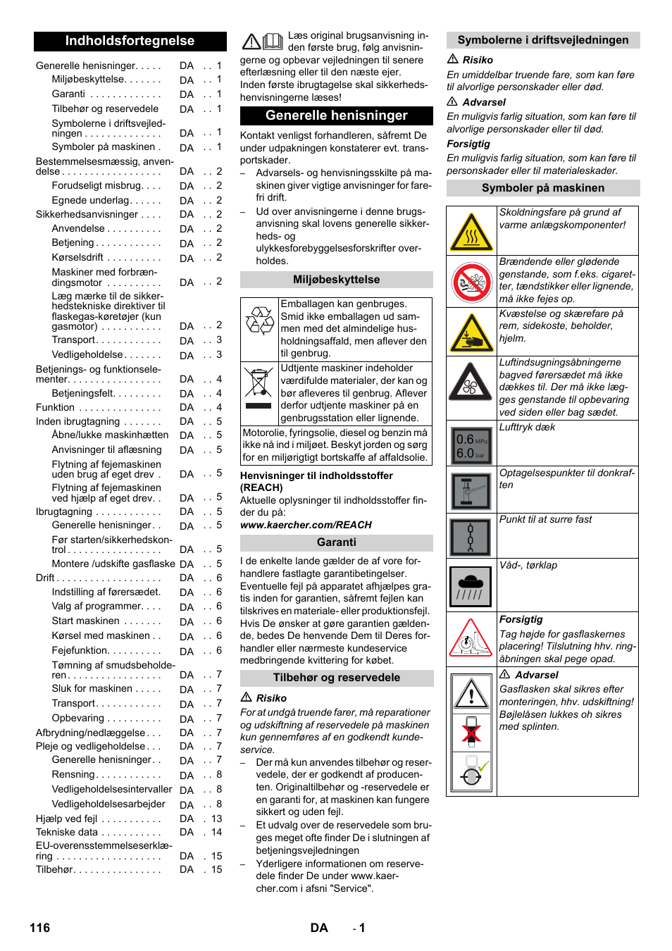 Dansk, Indholdsfortegnelse, Generelle henisninger | Karcher Balayeuse KM 90-60 R Lpg Adv User Manual | Page 116 / 432