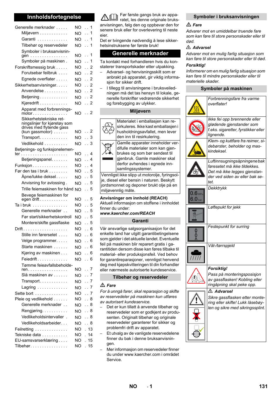 Norsk, Innholdsfortegnelse, Generelle merknader | Karcher Balayeuse KM 90-60 R Lpg Adv User Manual | Page 131 / 432