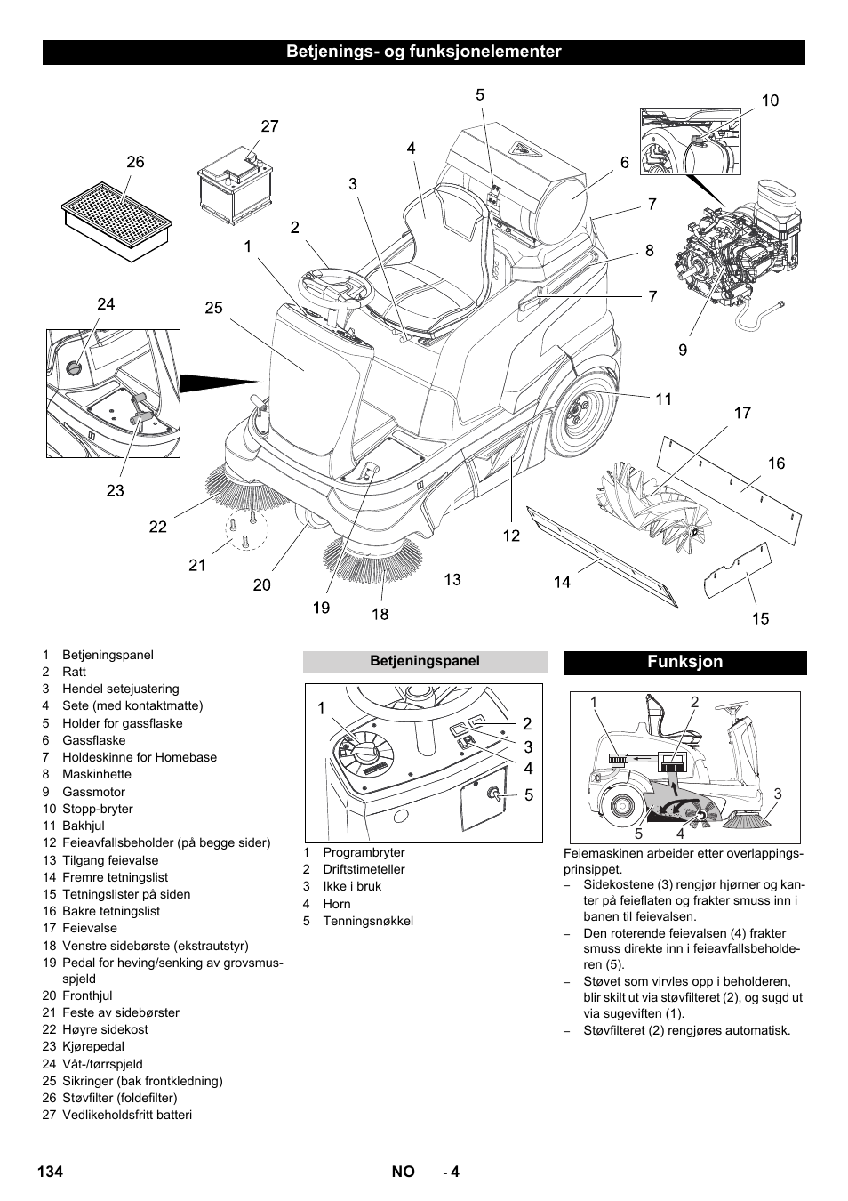 Betjenings- og funksjonelementer, Funksjon | Karcher Balayeuse KM 90-60 R Lpg Adv User Manual | Page 134 / 432