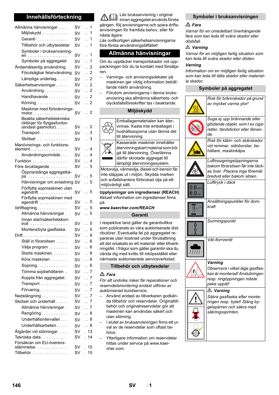 Svenska, Innehållsförteckning, Allmänna hänvisningar | Karcher Balayeuse KM 90-60 R Lpg Adv User Manual | Page 146 / 432