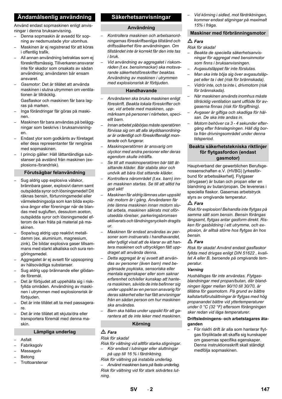 Ändamålsenlig användning, Säkerhetsanvisningar | Karcher Balayeuse KM 90-60 R Lpg Adv User Manual | Page 147 / 432