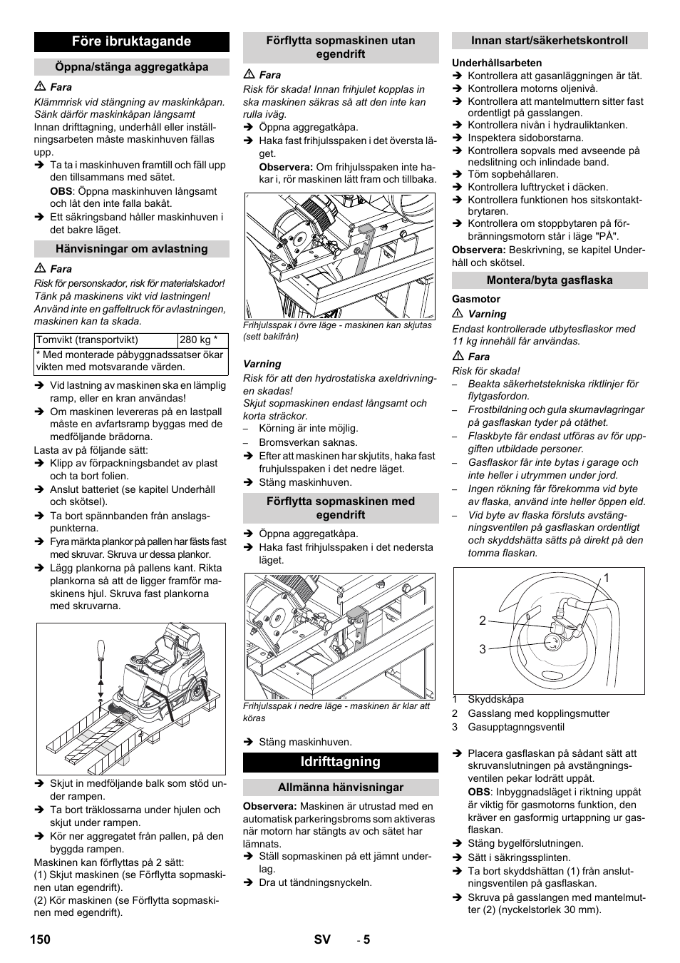 Före ibruktagande, Idrifttagning | Karcher Balayeuse KM 90-60 R Lpg Adv User Manual | Page 150 / 432