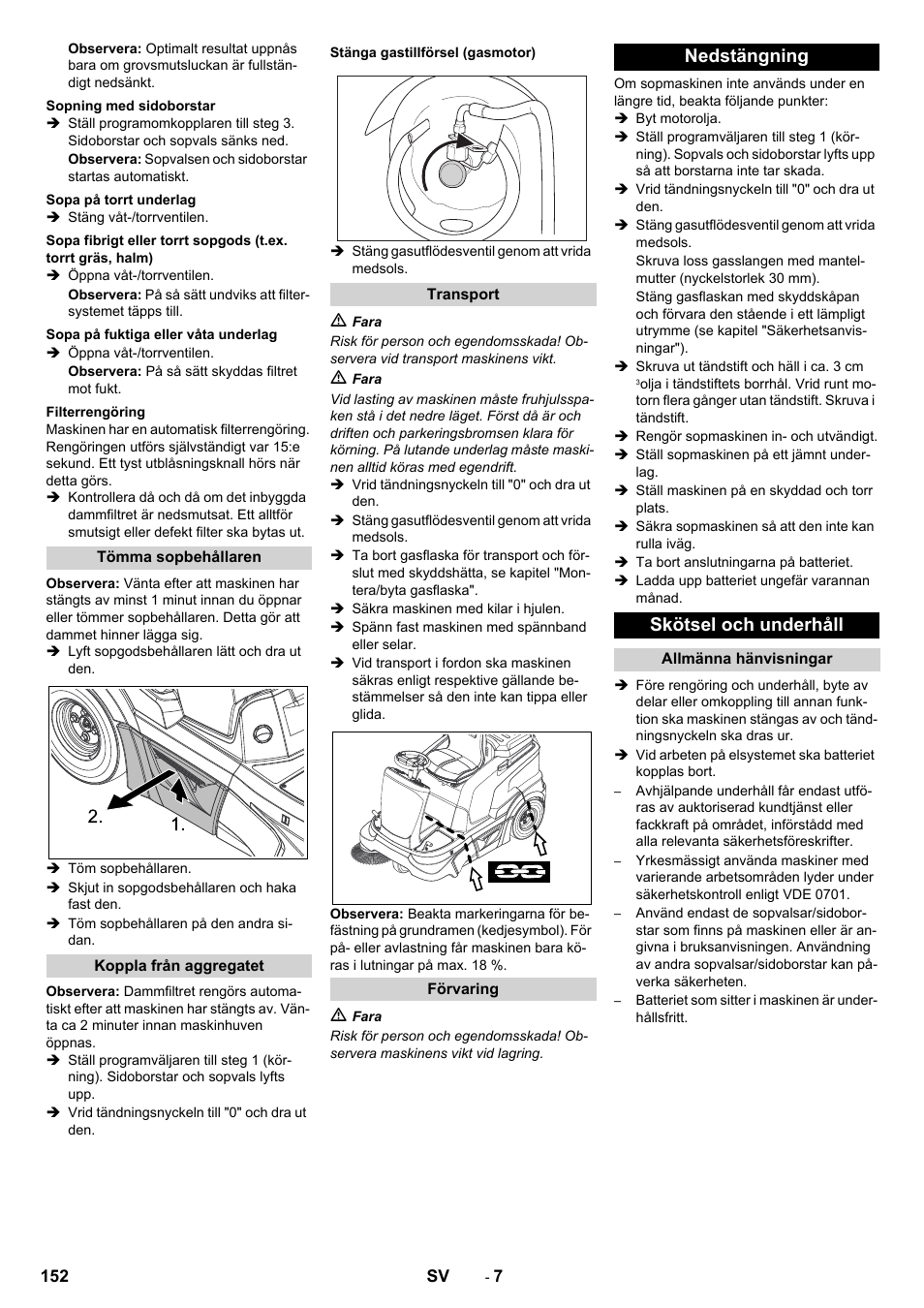 Nedstängning skötsel och underhåll | Karcher Balayeuse KM 90-60 R Lpg Adv User Manual | Page 152 / 432