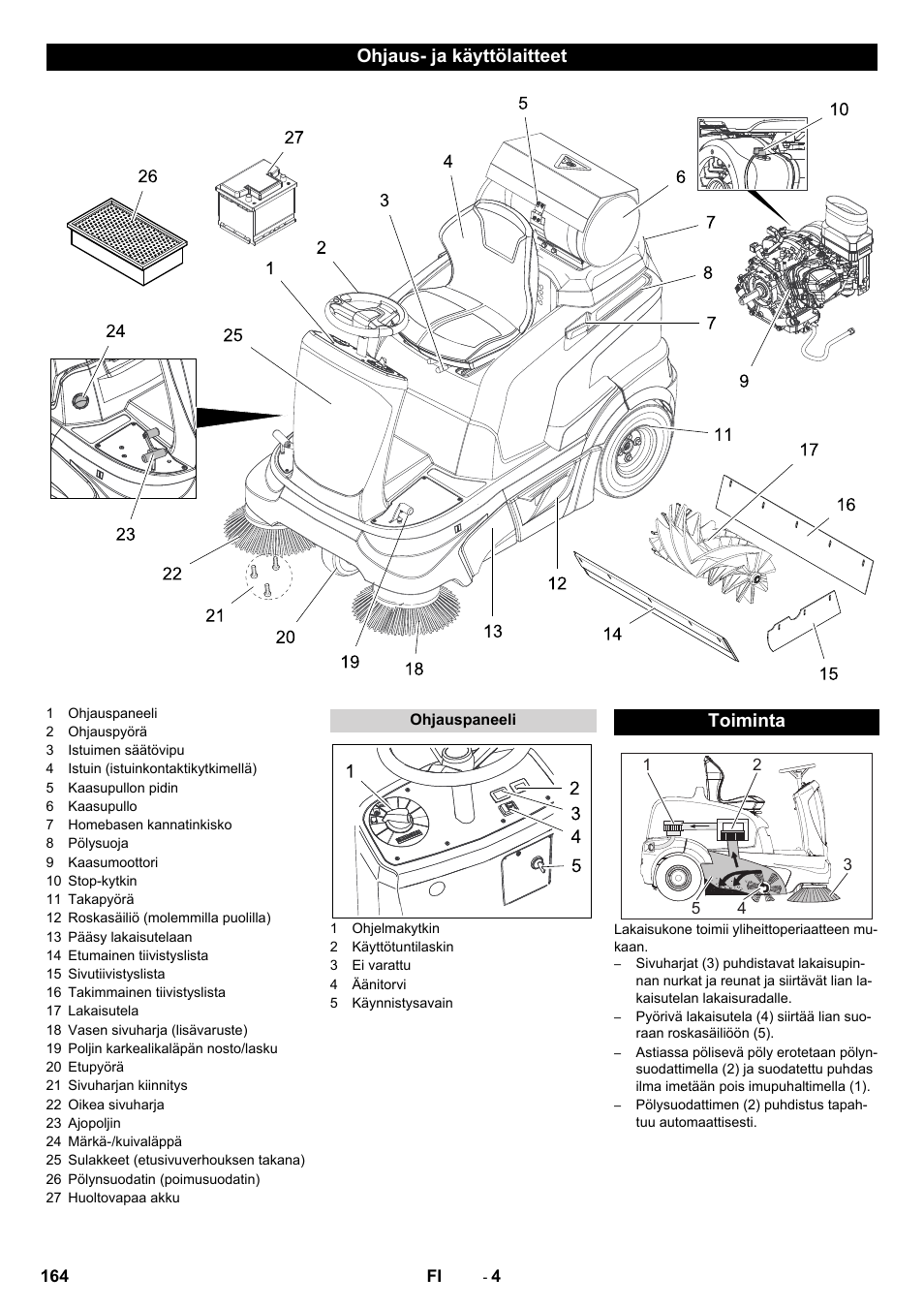 Ohjaus- ja käyttölaitteet, Toiminta | Karcher Balayeuse KM 90-60 R Lpg Adv User Manual | Page 164 / 432