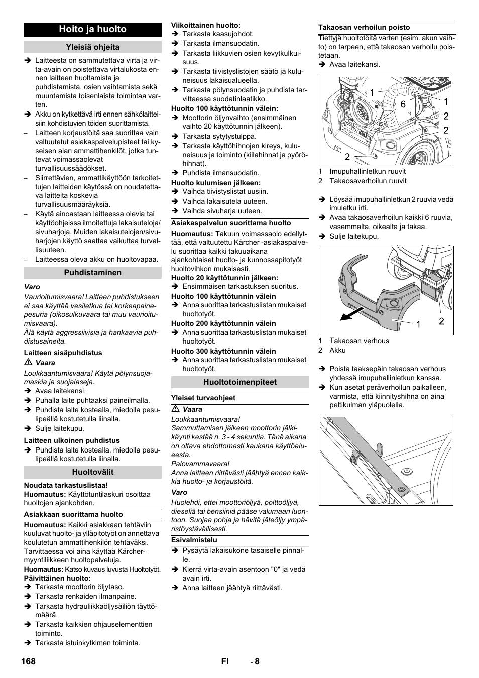 Hoito ja huolto | Karcher Balayeuse KM 90-60 R Lpg Adv User Manual | Page 168 / 432