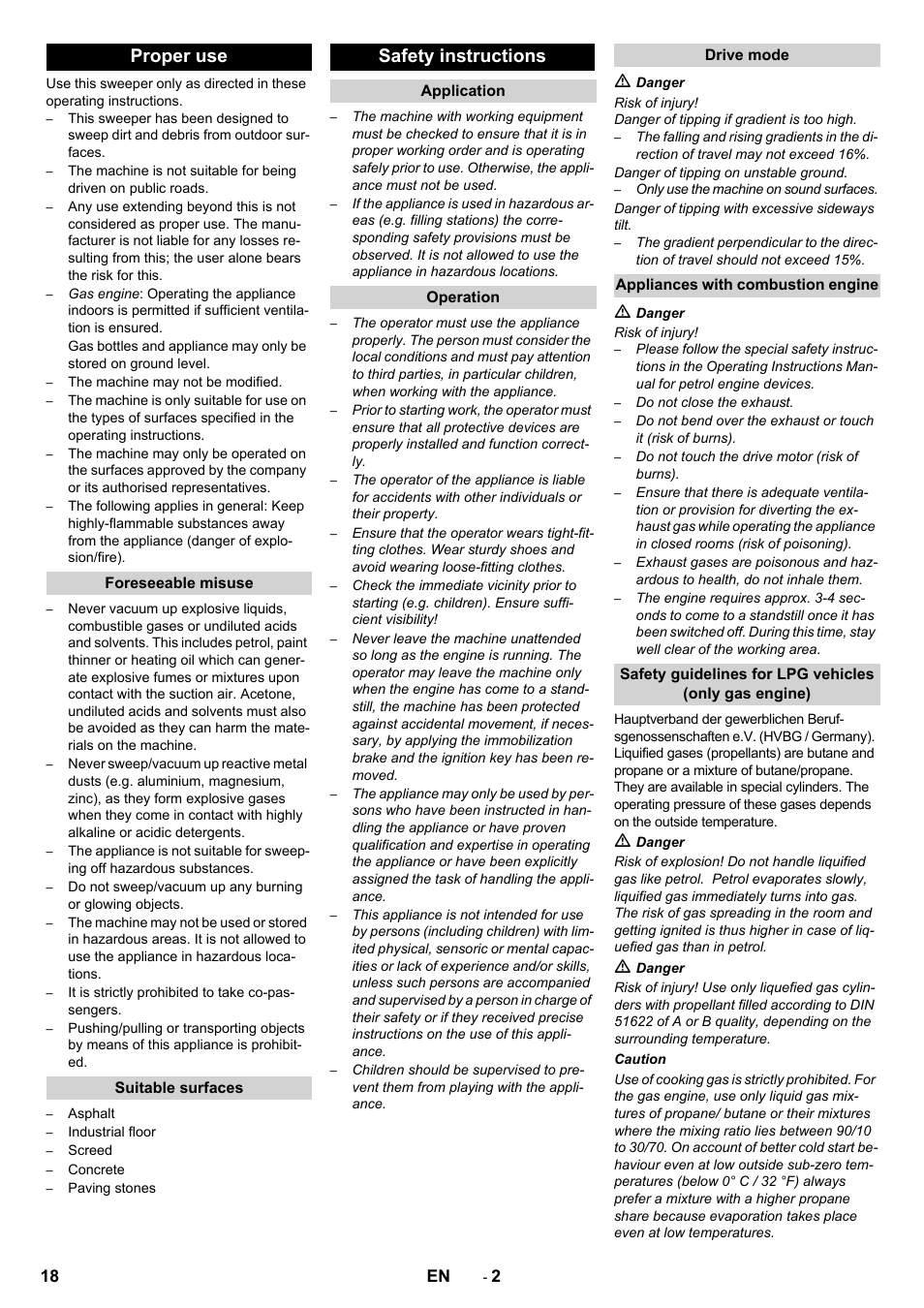 Proper use, Safety instructions | Karcher Balayeuse KM 90-60 R Lpg Adv User Manual | Page 18 / 432