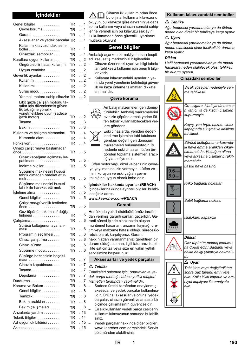 Türkçe, Içindekiler, Genel bilgiler | Karcher Balayeuse KM 90-60 R Lpg Adv User Manual | Page 193 / 432