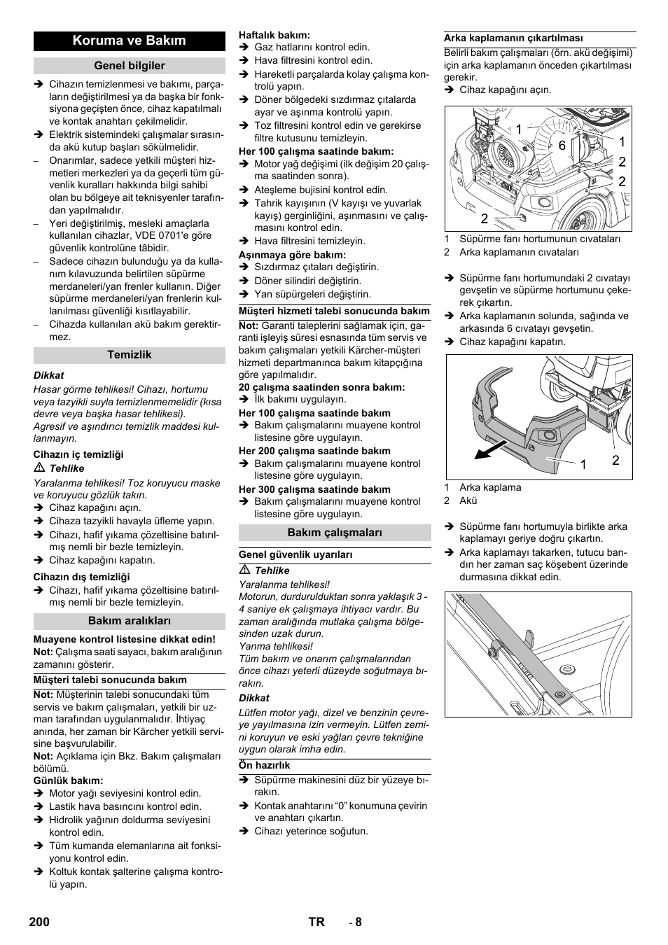 Koruma ve bakım | Karcher Balayeuse KM 90-60 R Lpg Adv User Manual | Page 200 / 432