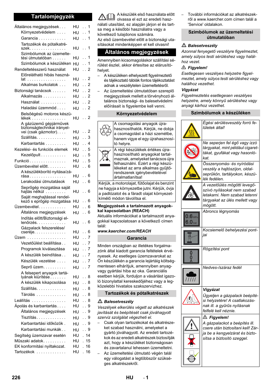 Magyar, Tartalomjegyzék, Általános megjegyzések | Karcher Balayeuse KM 90-60 R Lpg Adv User Manual | Page 226 / 432