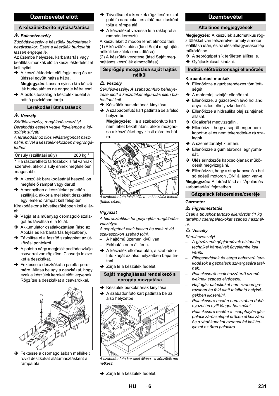 Üzembevétel előtt, Üzembevétel | Karcher Balayeuse KM 90-60 R Lpg Adv User Manual | Page 231 / 432