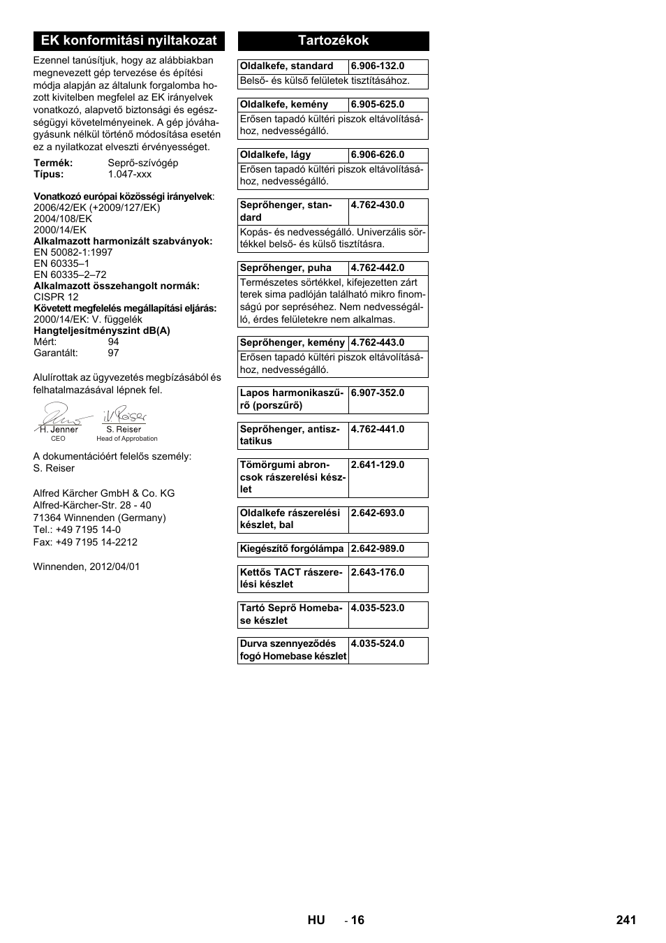 Ek konformitási nyiltakozat, Tartozékok | Karcher Balayeuse KM 90-60 R Lpg Adv User Manual | Page 241 / 432