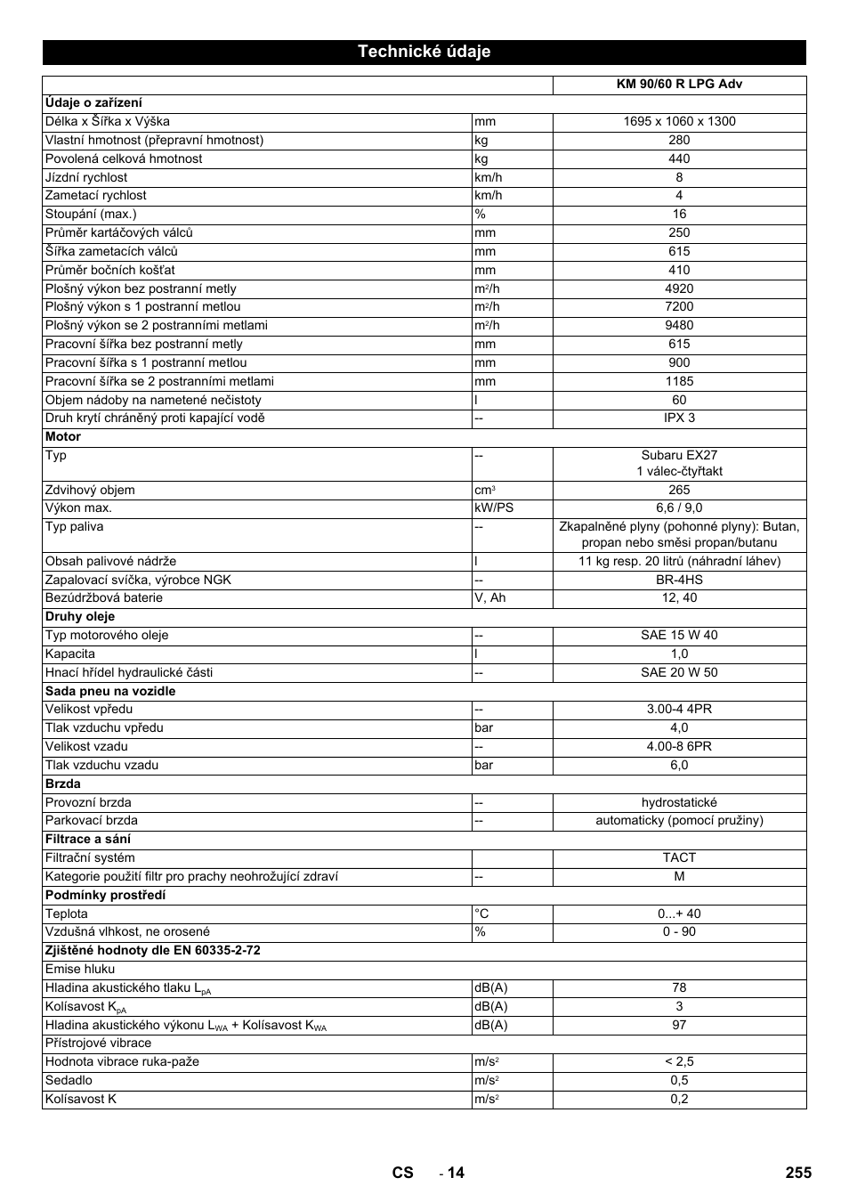 Technické údaje | Karcher Balayeuse KM 90-60 R Lpg Adv User Manual | Page 255 / 432