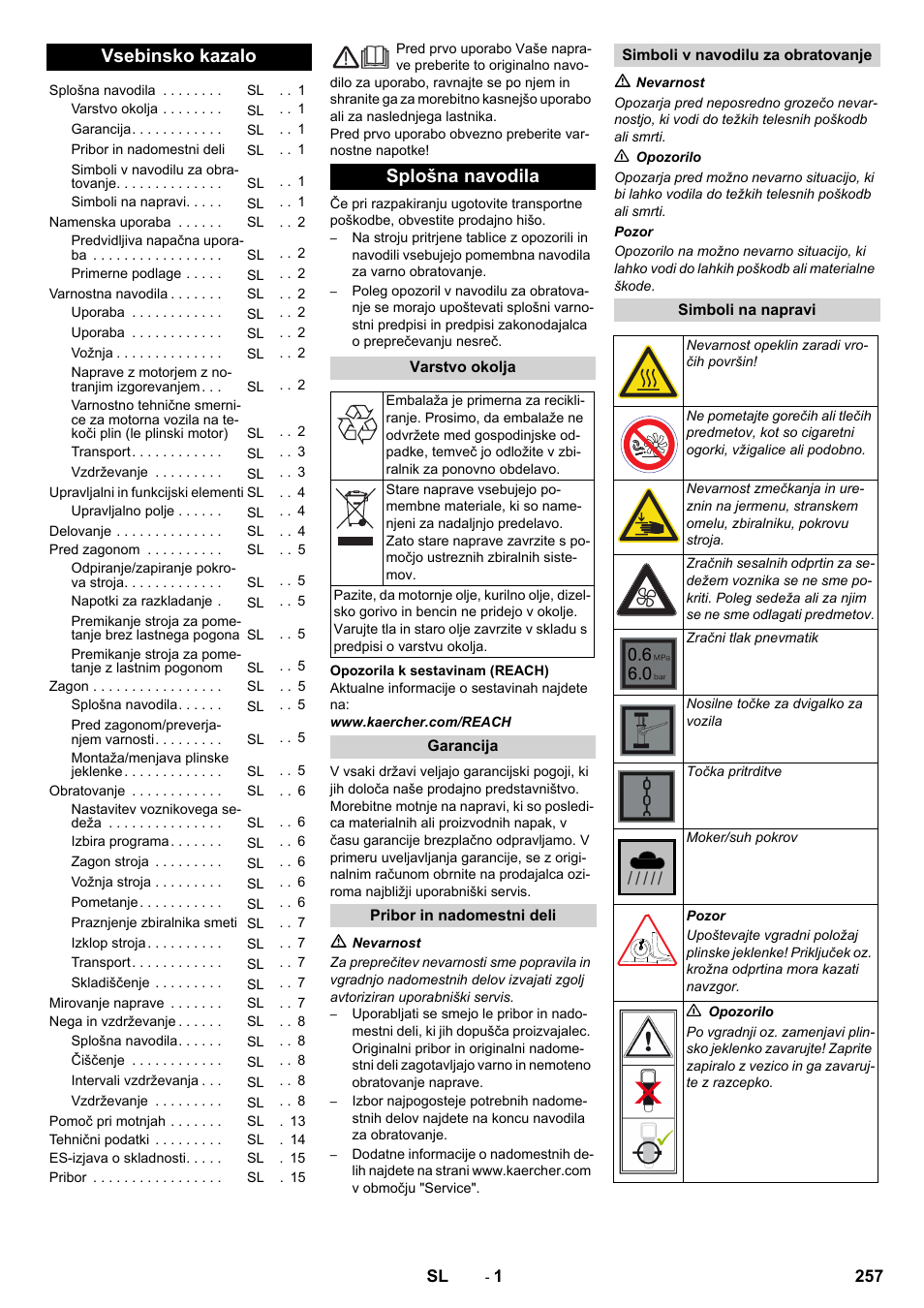 Slovenščina, Vsebinsko kazalo, Splošna navodila | Karcher Balayeuse KM 90-60 R Lpg Adv User Manual | Page 257 / 432
