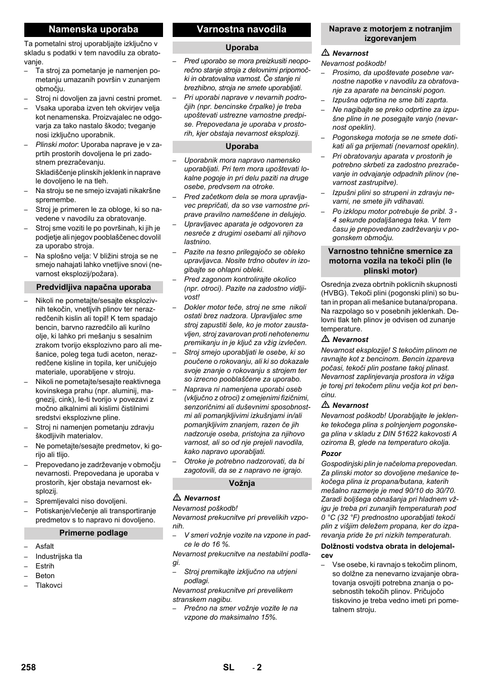 Namenska uporaba, Varnostna navodila | Karcher Balayeuse KM 90-60 R Lpg Adv User Manual | Page 258 / 432