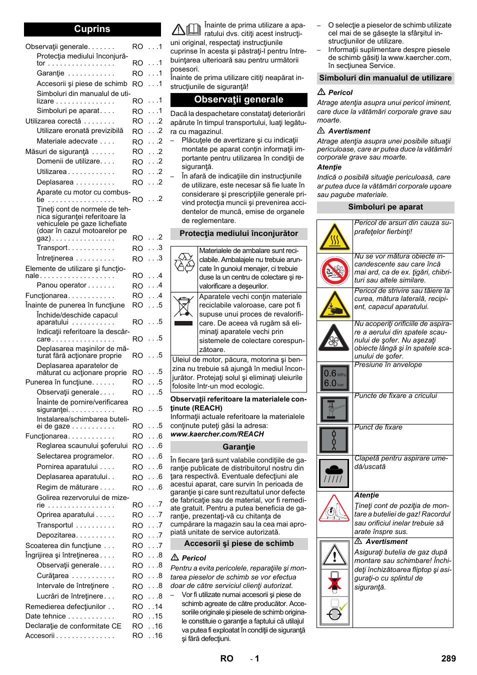 Româneşte, Cuprins, Observaţii generale | Karcher Balayeuse KM 90-60 R Lpg Adv User Manual | Page 289 / 432