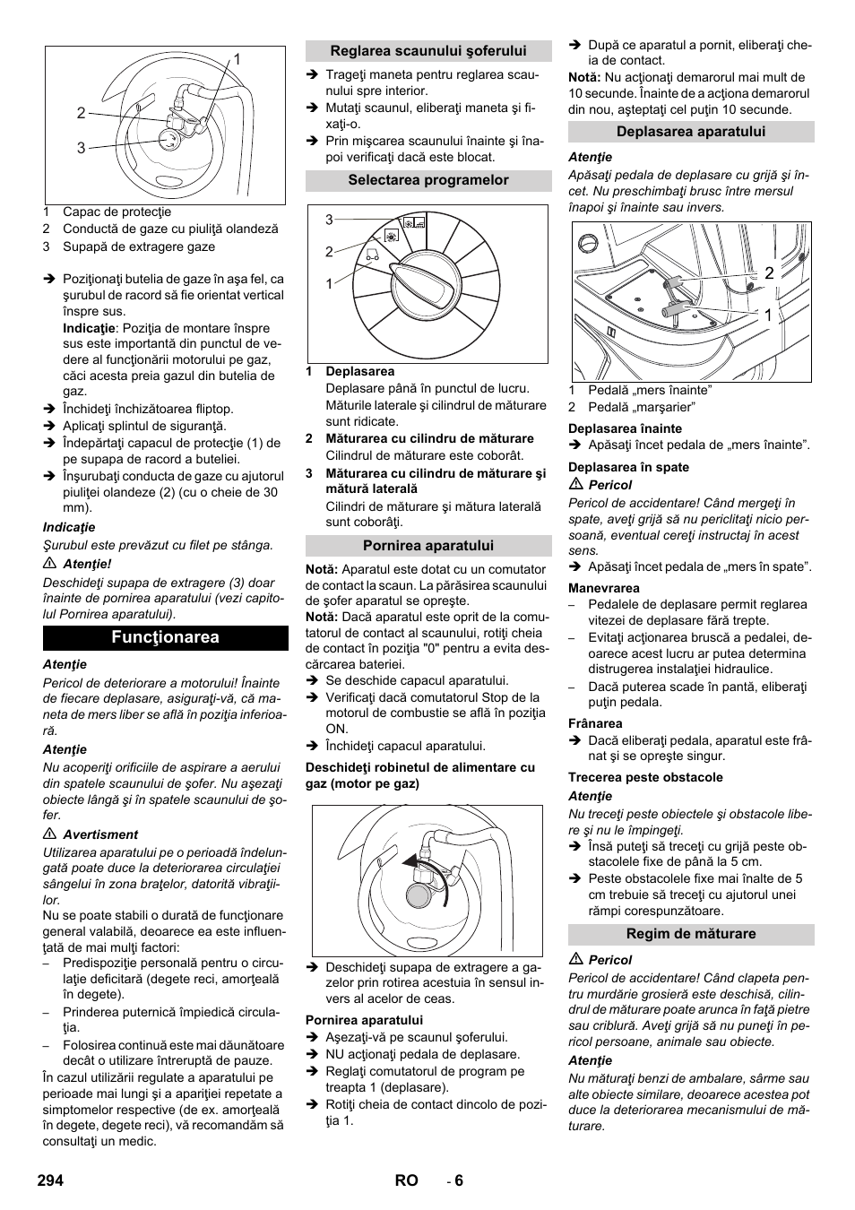 Funcţionarea | Karcher Balayeuse KM 90-60 R Lpg Adv User Manual | Page 294 / 432
