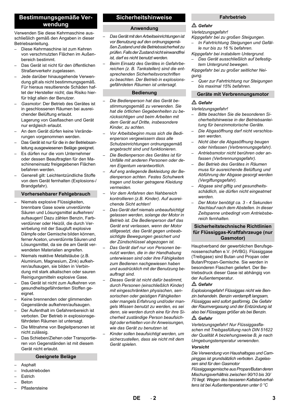 Bestimmungsgemäße ver- wendung, Sicherheitshinweise | Karcher Balayeuse KM 90-60 R Lpg Adv User Manual | Page 3 / 432