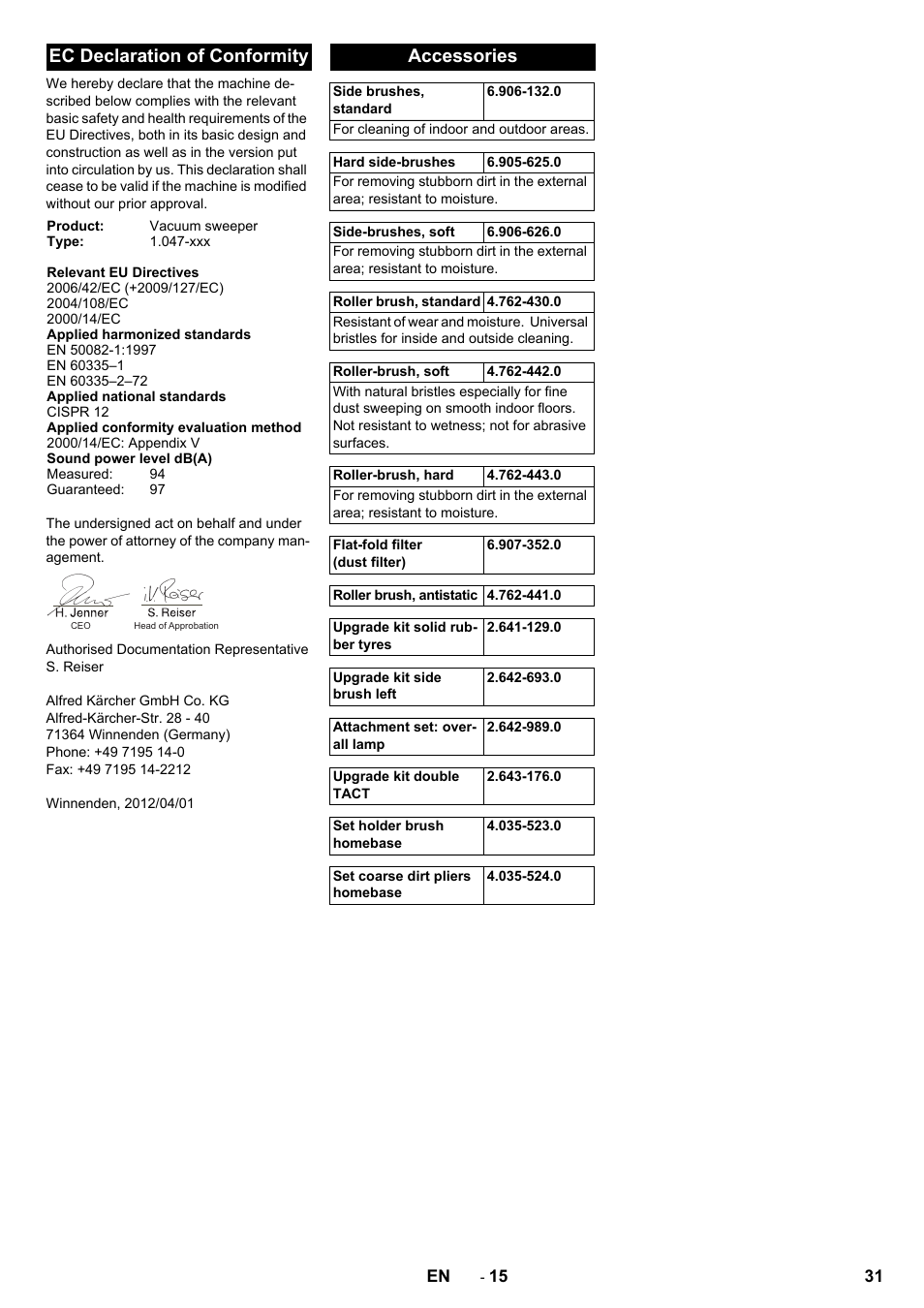 Ec declaration of conformity, Accessories | Karcher Balayeuse KM 90-60 R Lpg Adv User Manual | Page 31 / 432