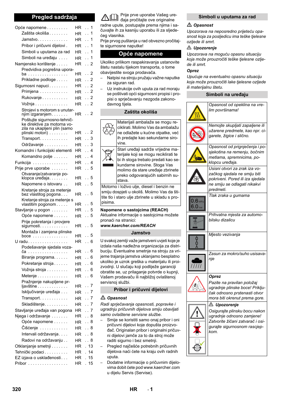Hrvatski, Pregled sadržaja, Opće napomene | Karcher Balayeuse KM 90-60 R Lpg Adv User Manual | Page 320 / 432
