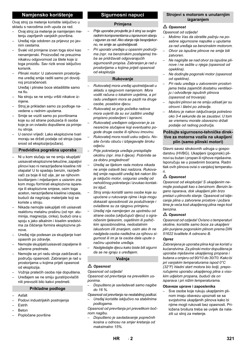 Namjensko korištenje, Sigurnosni napuci | Karcher Balayeuse KM 90-60 R Lpg Adv User Manual | Page 321 / 432