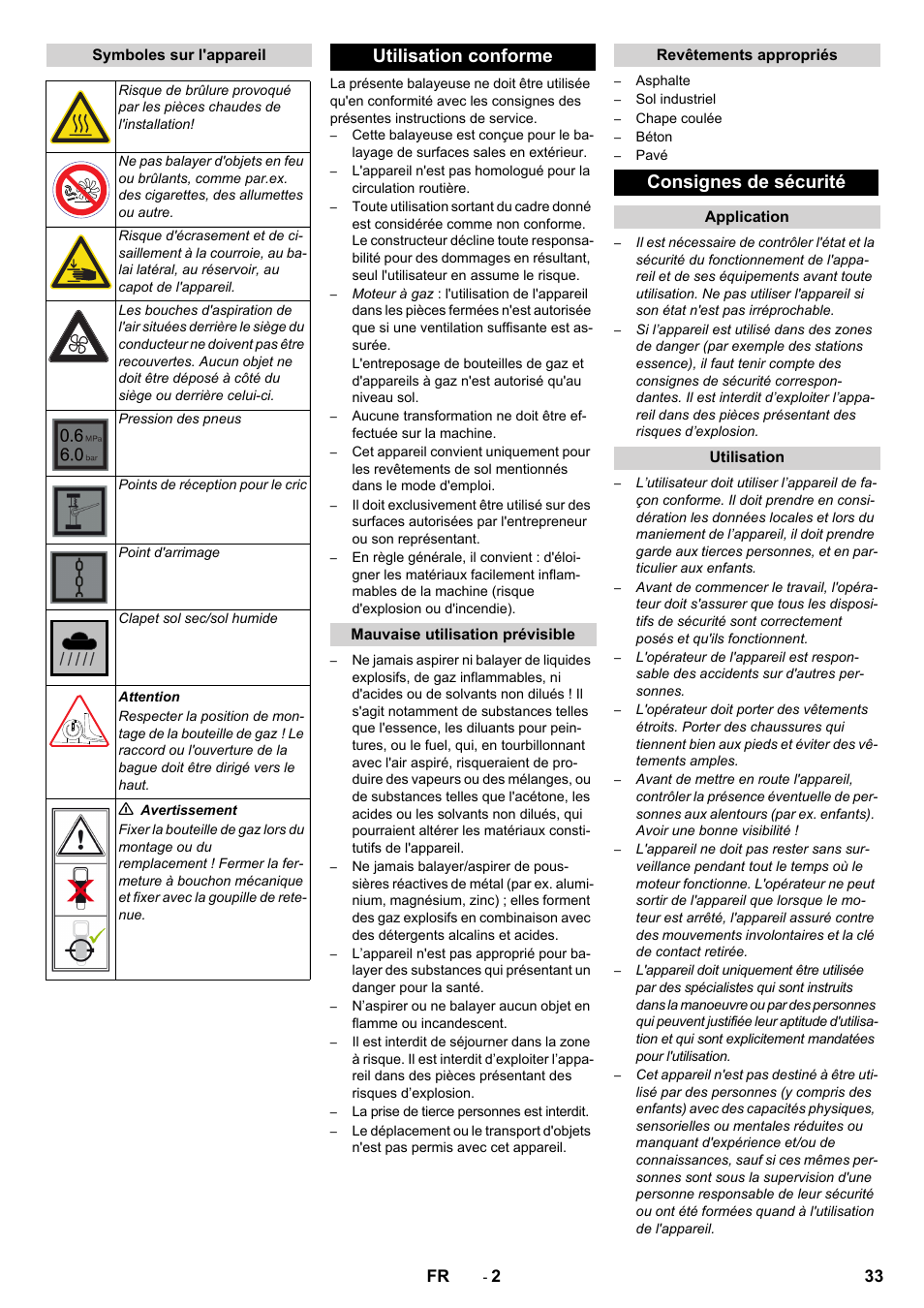 Utilisation conforme, Consignes de sécurité | Karcher Balayeuse KM 90-60 R Lpg Adv User Manual | Page 33 / 432