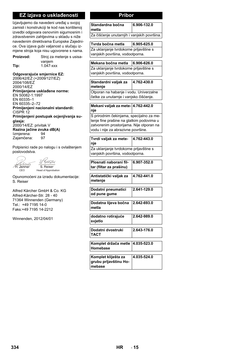 Ez izjava o usklađenosti, Pribor | Karcher Balayeuse KM 90-60 R Lpg Adv User Manual | Page 334 / 432