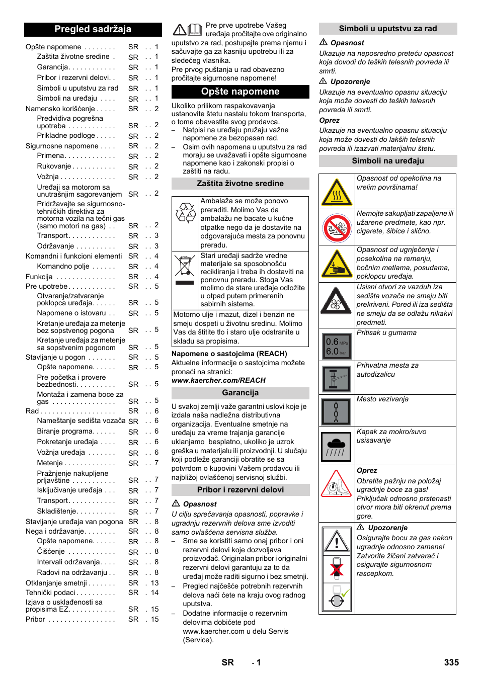 Srpski, Pregled sadržaja, Opšte napomene | Karcher Balayeuse KM 90-60 R Lpg Adv User Manual | Page 335 / 432