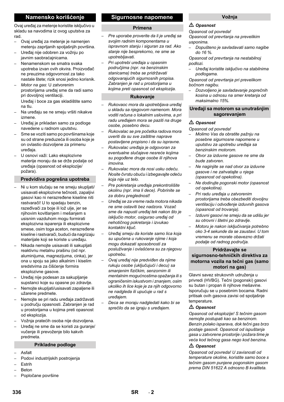 Namensko korišćenje, Sigurnosne napomene | Karcher Balayeuse KM 90-60 R Lpg Adv User Manual | Page 336 / 432