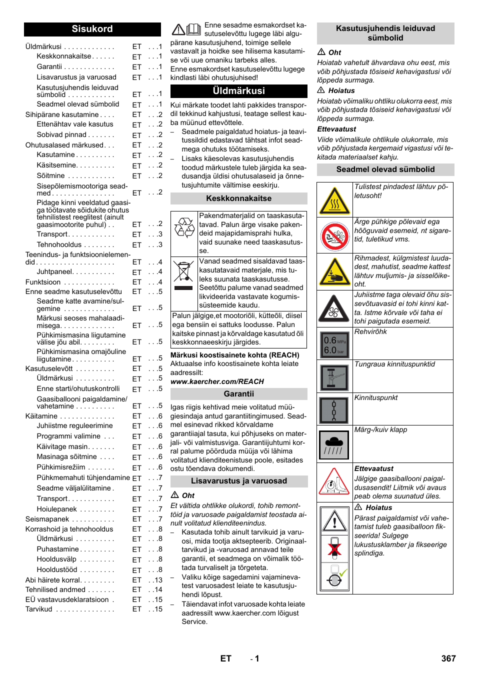 Eesti, Sisukord, Üldmärkusi | Karcher Balayeuse KM 90-60 R Lpg Adv User Manual | Page 367 / 432