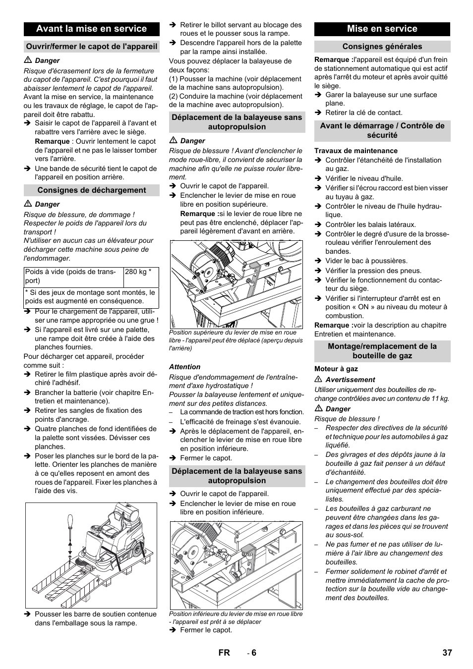 Avant la mise en service, Mise en service | Karcher Balayeuse KM 90-60 R Lpg Adv User Manual | Page 37 / 432