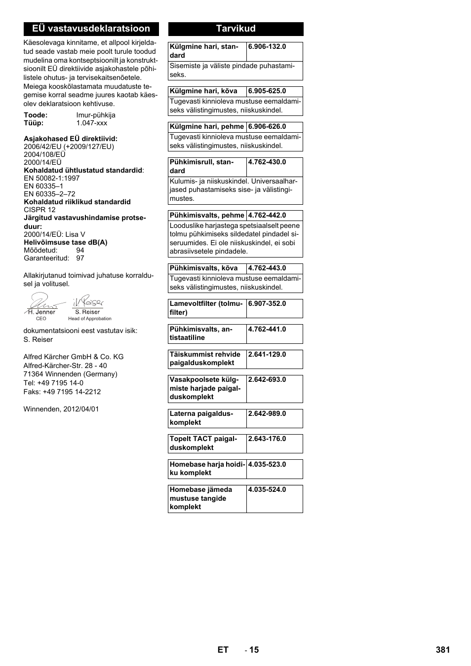 Eü vastavusdeklaratsioon, Tarvikud | Karcher Balayeuse KM 90-60 R Lpg Adv User Manual | Page 381 / 432