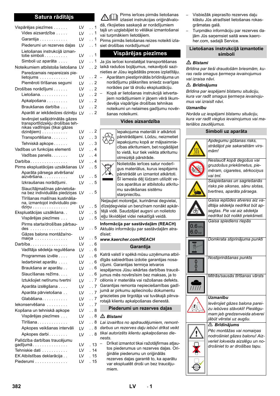 Latviešu, Satura rādītājs, Vispārējas piezīmes | Karcher Balayeuse KM 90-60 R Lpg Adv User Manual | Page 382 / 432