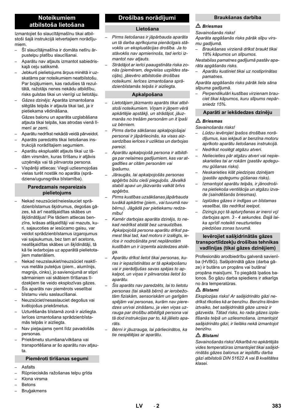 Drošības norādījumi | Karcher Balayeuse KM 90-60 R Lpg Adv User Manual | Page 383 / 432