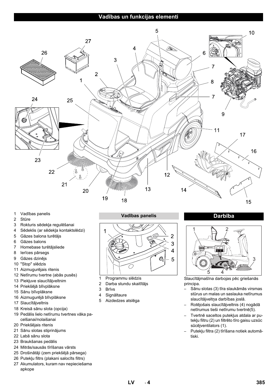 Vadības un funkcijas elementi, Darbība | Karcher Balayeuse KM 90-60 R Lpg Adv User Manual | Page 385 / 432