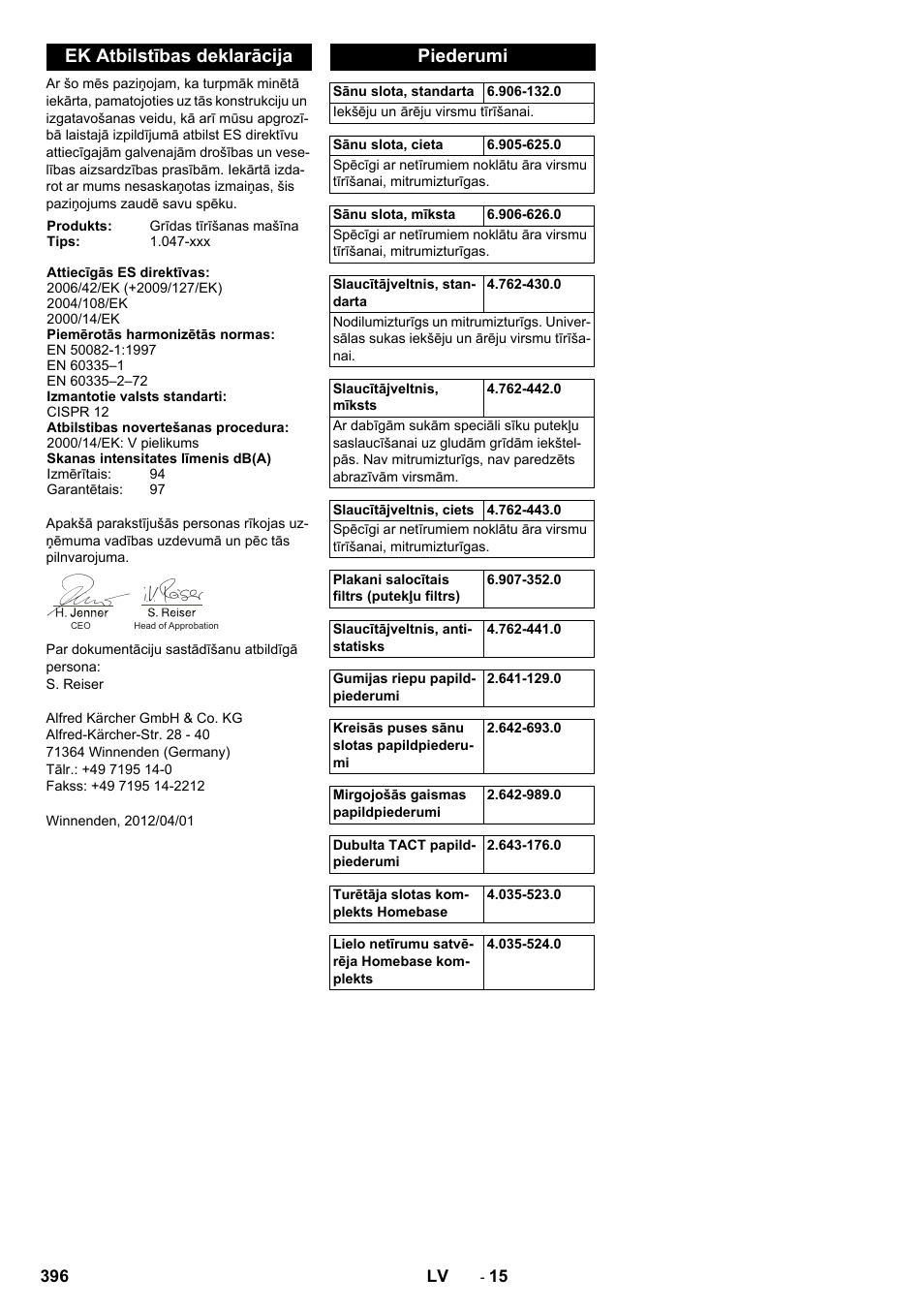 Ek atbilstības deklarācija, Piederumi | Karcher Balayeuse KM 90-60 R Lpg Adv User Manual | Page 396 / 432