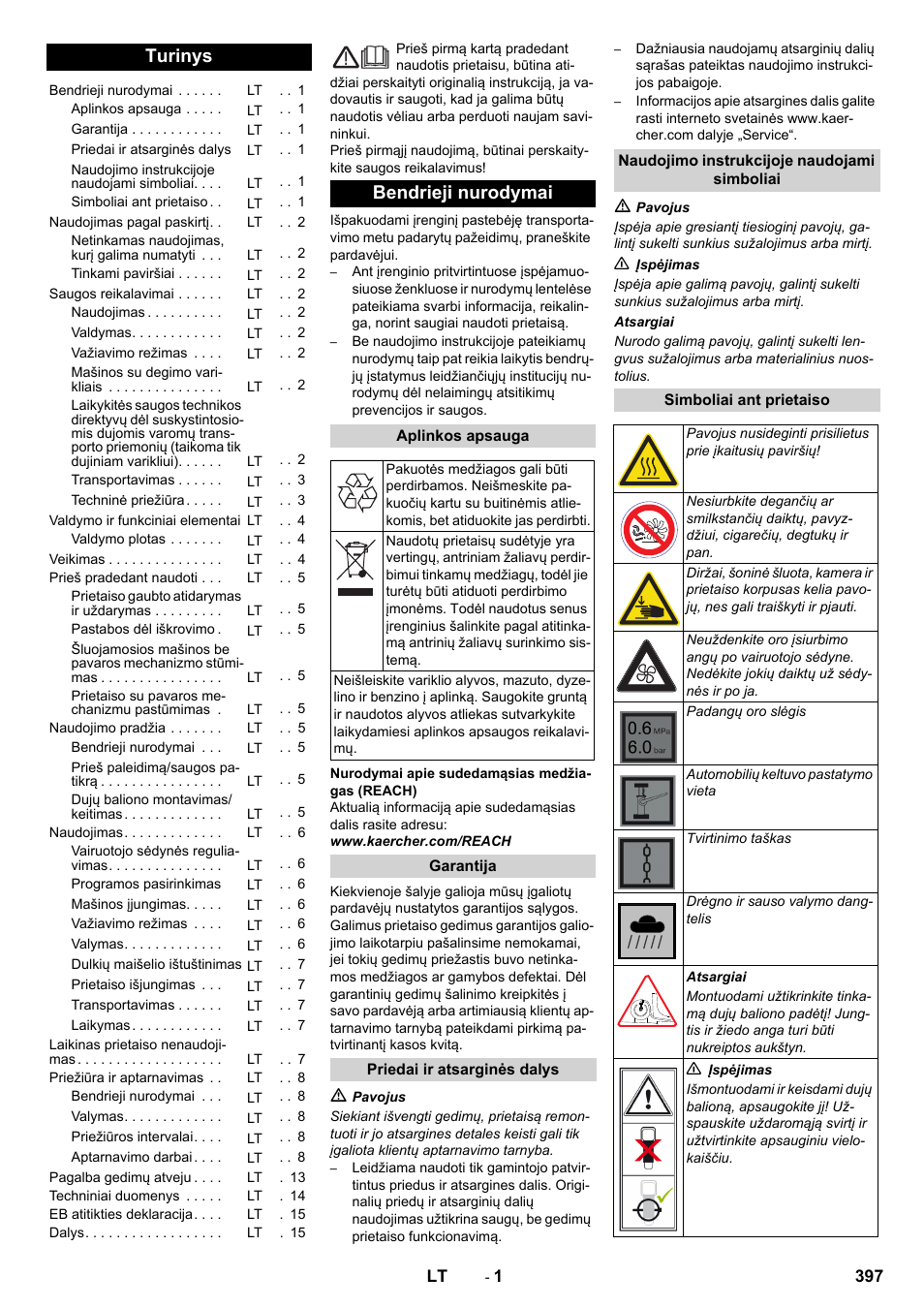 Lietuviškai, Turinys, Bendrieji nurodymai | Karcher Balayeuse KM 90-60 R Lpg Adv User Manual | Page 397 / 432