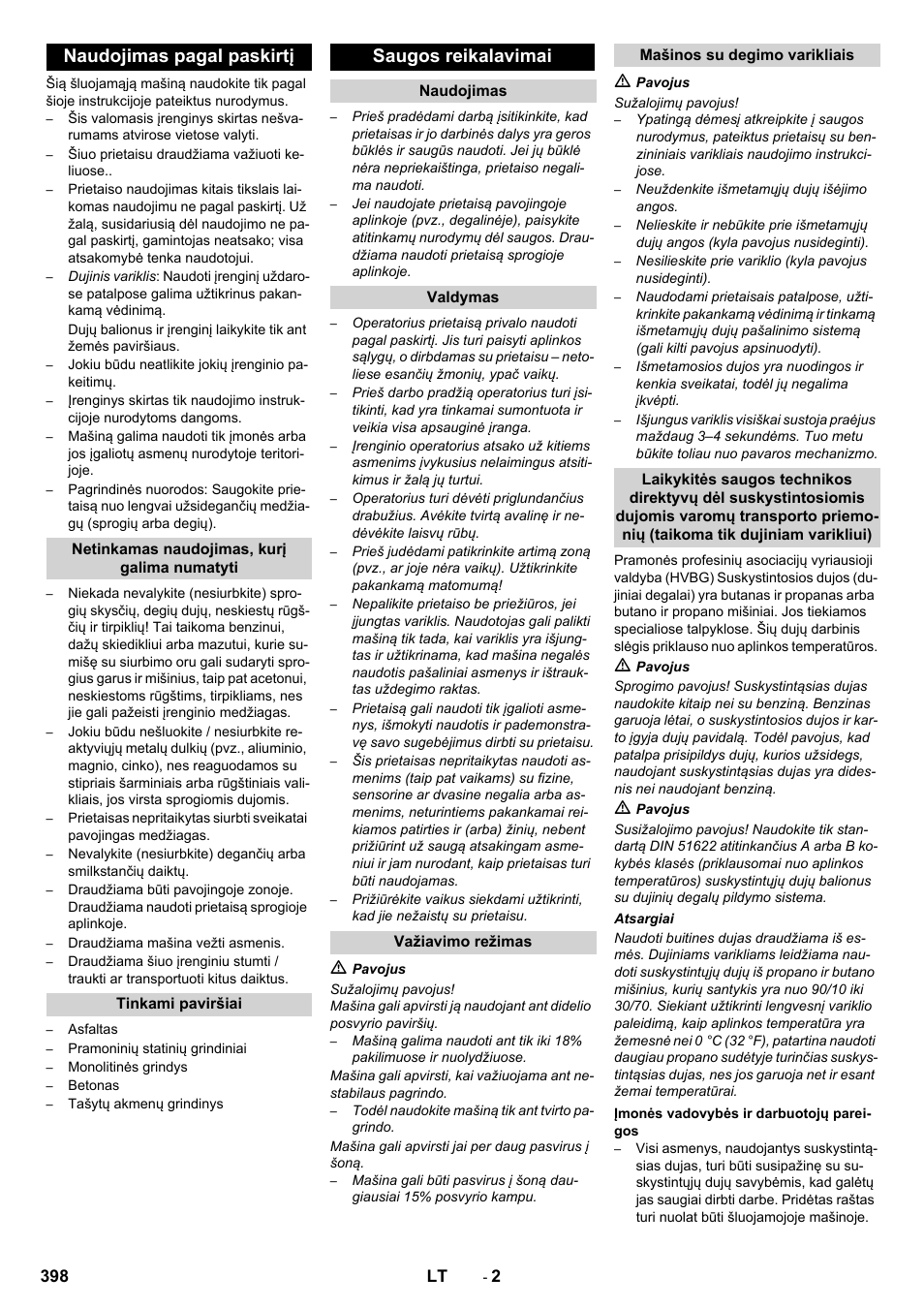 Naudojimas pagal paskirtį, Saugos reikalavimai | Karcher Balayeuse KM 90-60 R Lpg Adv User Manual | Page 398 / 432