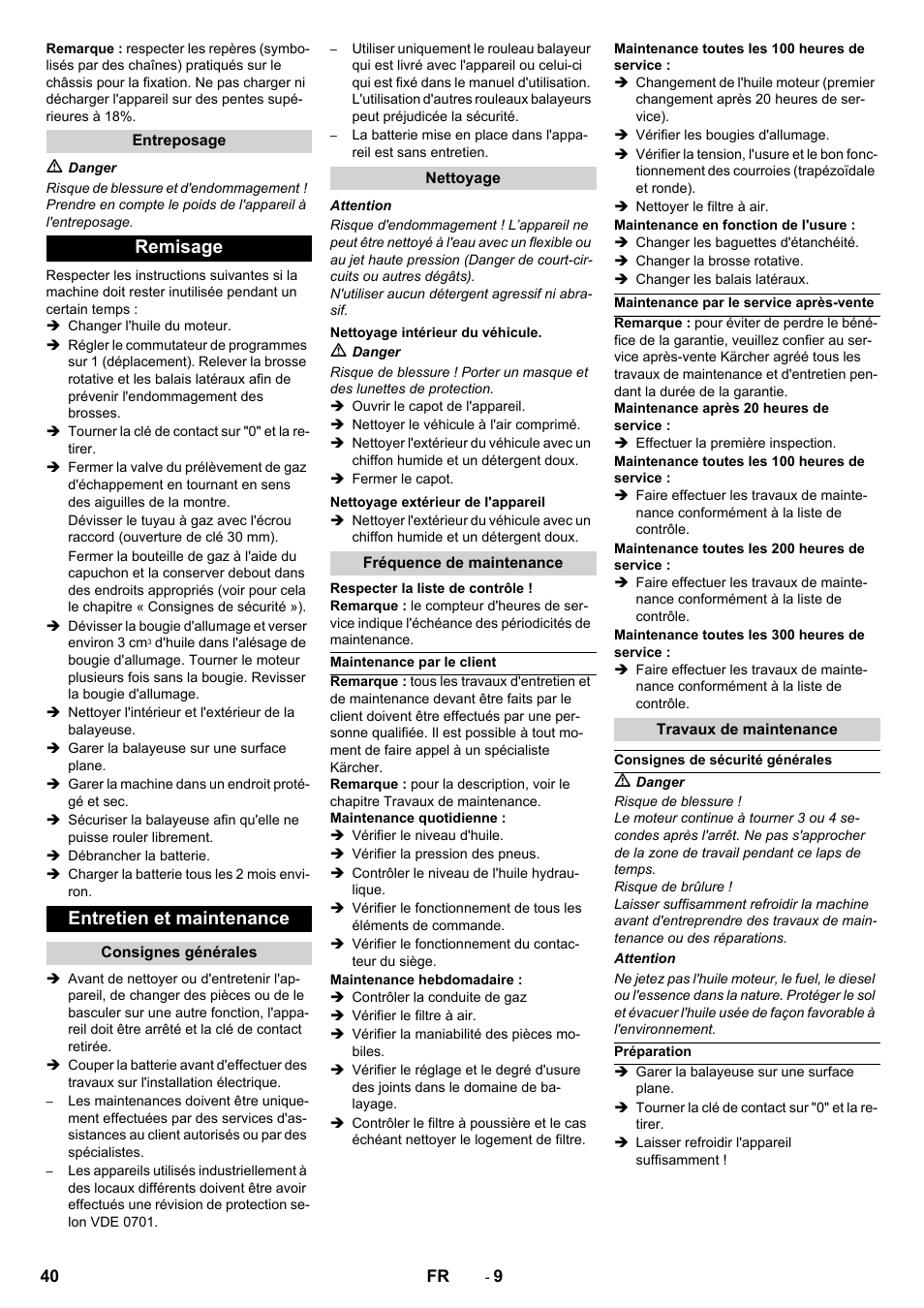 Remisage entretien et maintenance | Karcher Balayeuse KM 90-60 R Lpg Adv User Manual | Page 40 / 432