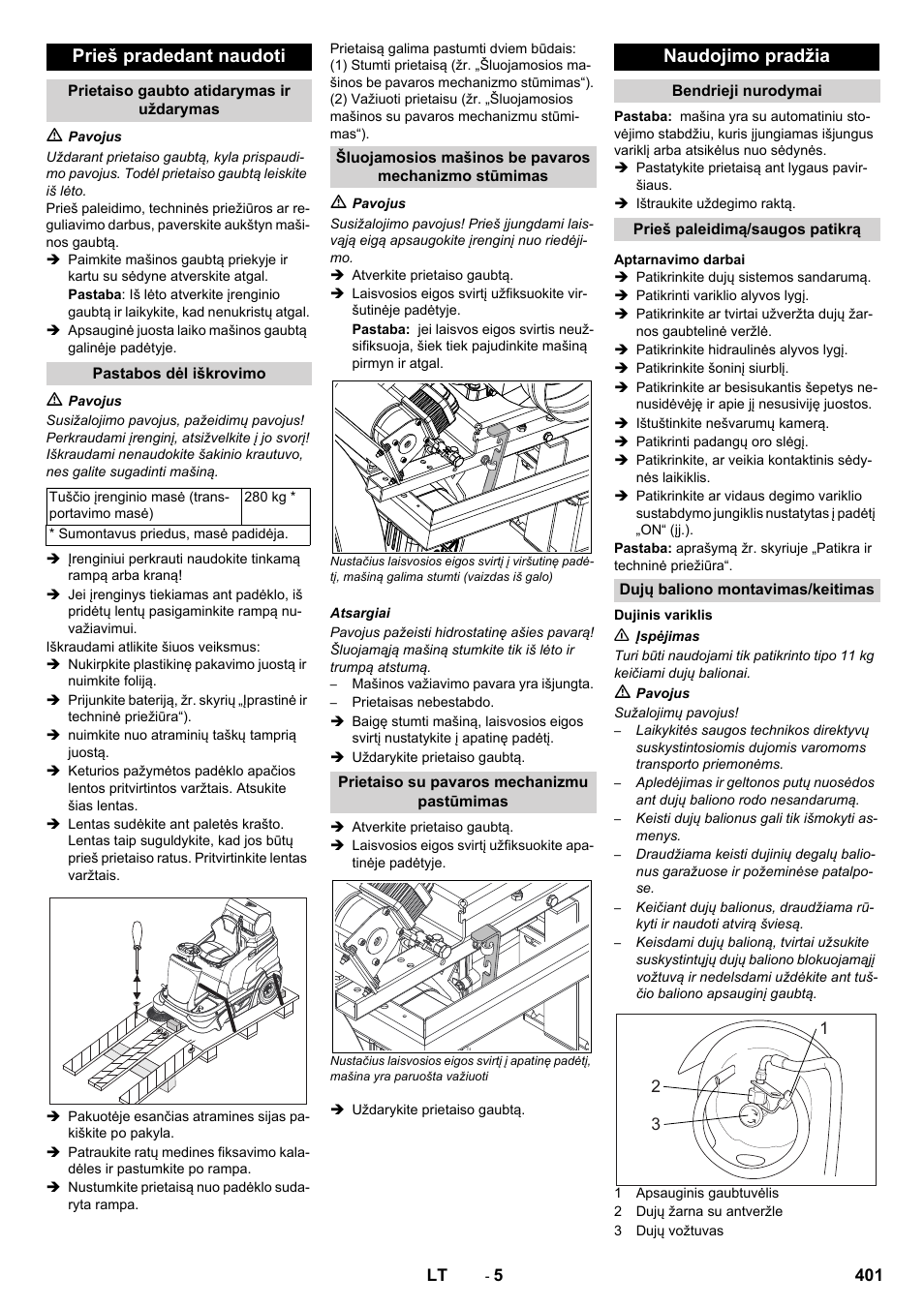 Prieš pradedant naudoti, Naudojimo pradžia | Karcher Balayeuse KM 90-60 R Lpg Adv User Manual | Page 401 / 432