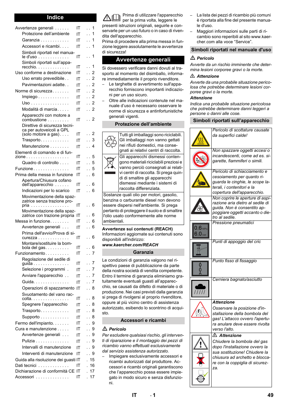 Italiano, Indice, Avvertenze generali | Karcher Balayeuse KM 90-60 R Lpg Adv User Manual | Page 49 / 432