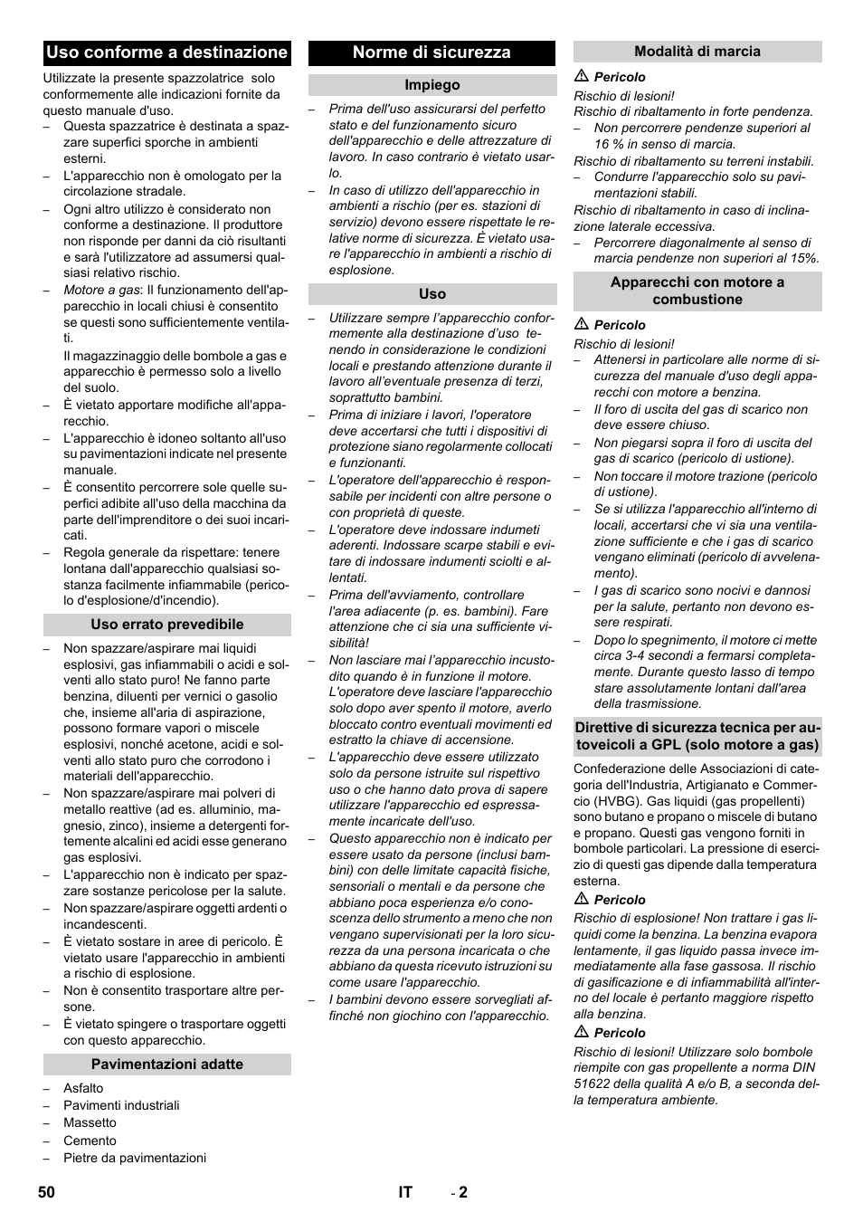 Uso conforme a destinazione, Norme di sicurezza | Karcher Balayeuse KM 90-60 R Lpg Adv User Manual | Page 50 / 432