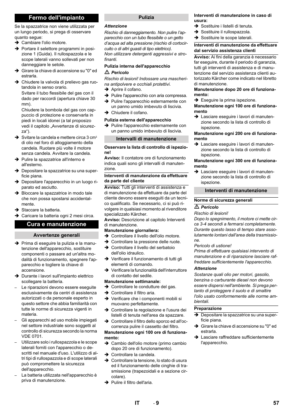 Fermo dell'impianto cura e manutenzione | Karcher Balayeuse KM 90-60 R Lpg Adv User Manual | Page 57 / 432